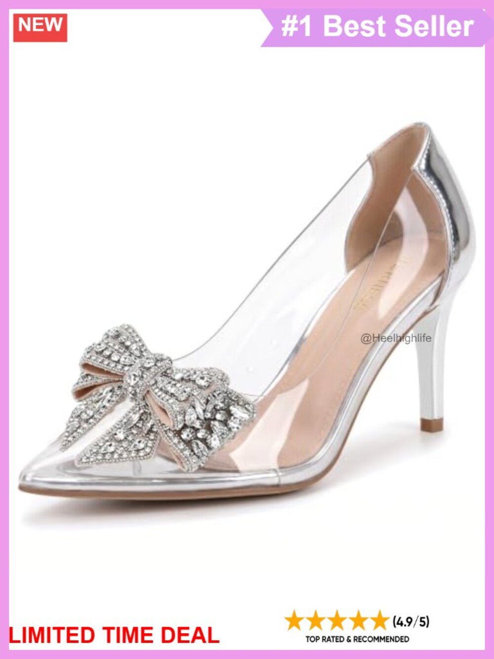 Crystal Bow Pointed Toe Clear Kitten Heels Slingback Pumps